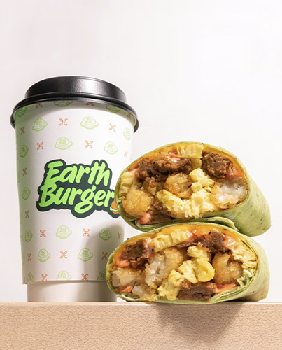 Earth Burger warp wrap and coffee breakfast